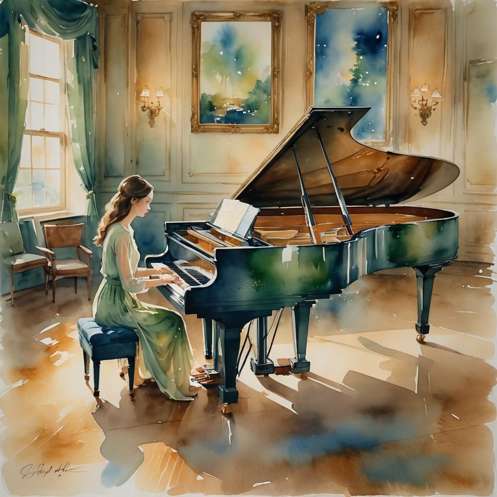 Watercolor Piano Concert in Golden Light