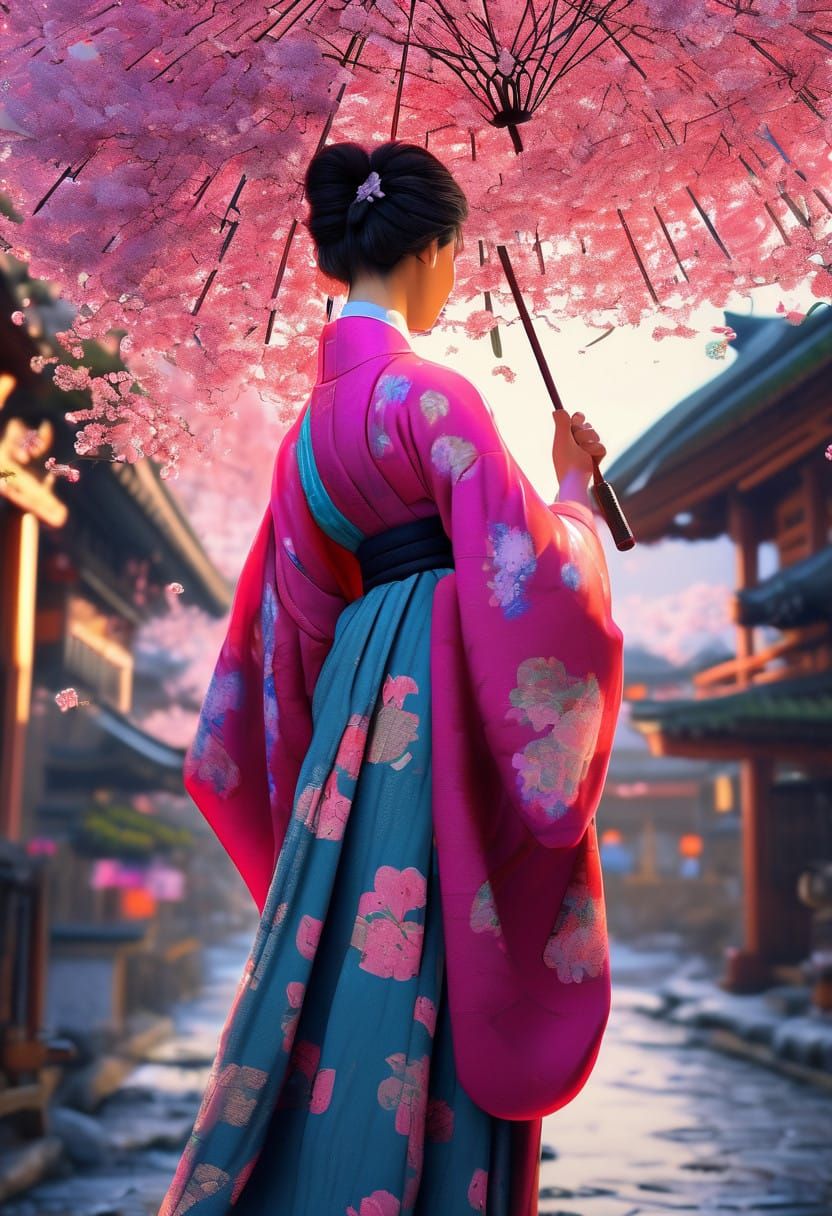 Romantic Japanese Scene with Traditional Lady and Cherry Blo...