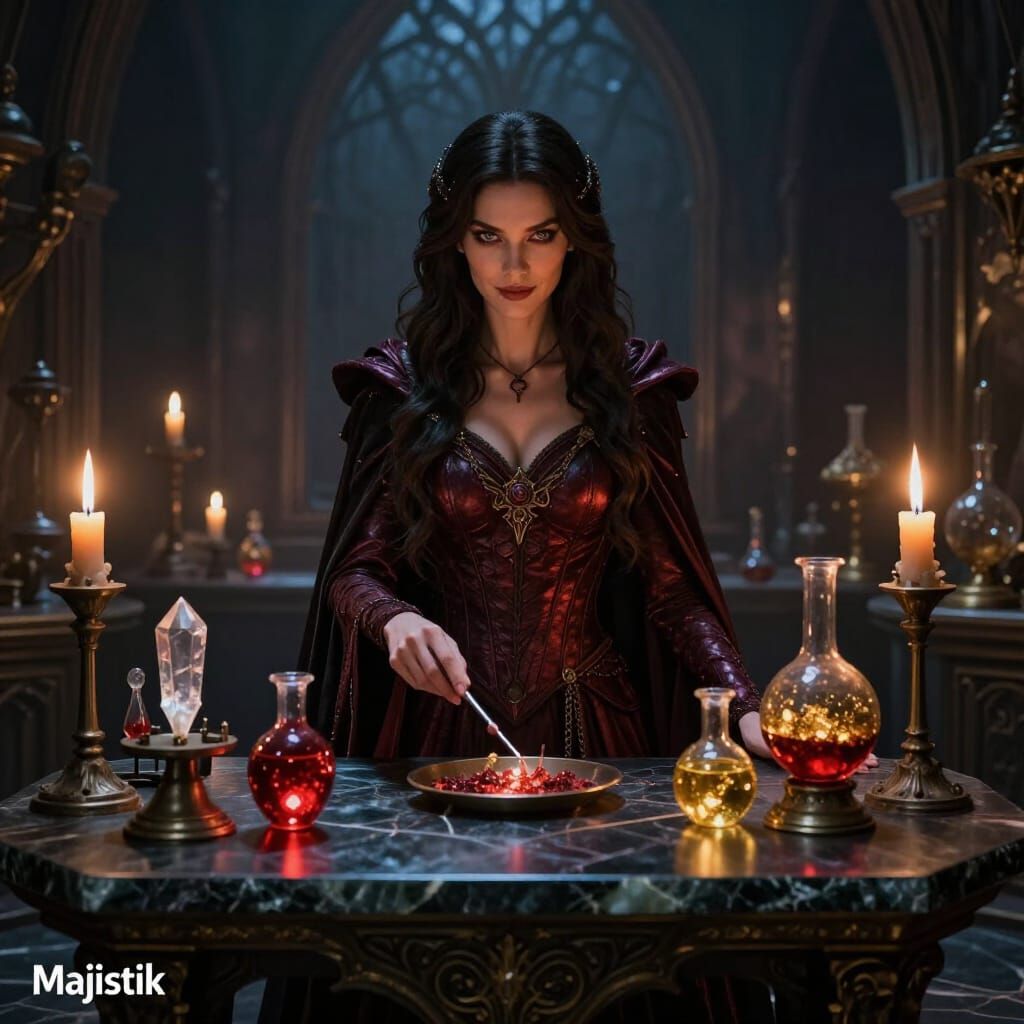 Gothic Sorceress in Alchemical Laboratory