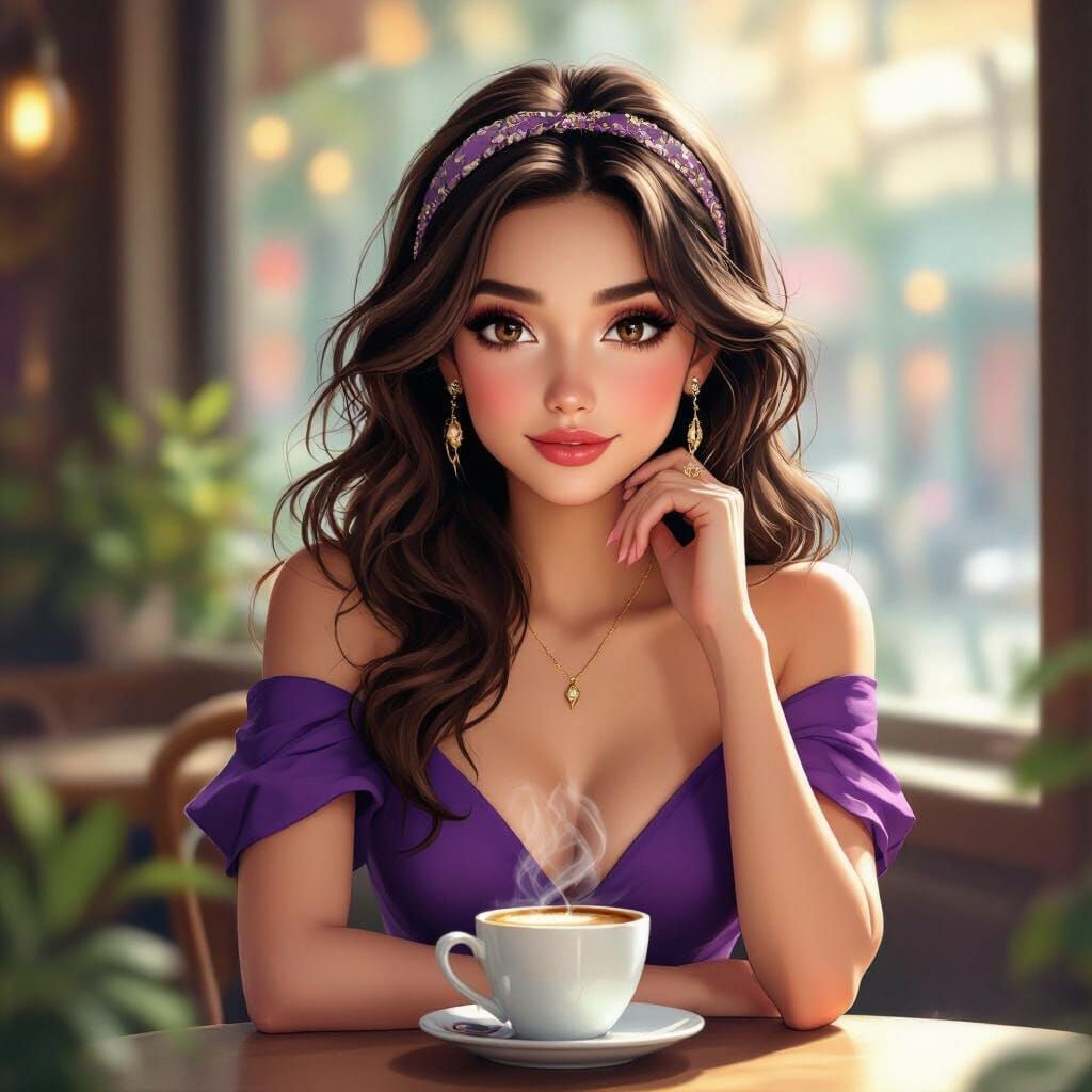 Woman in Purple Dress at Cafe in Painterly Digital Art Style