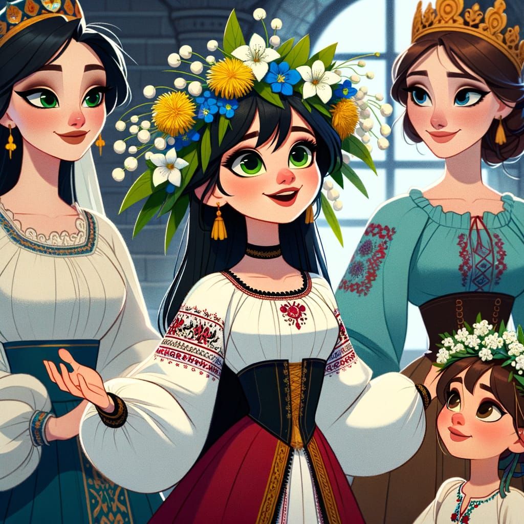 Classic Animation Style Russian Queens in Traditional Ukrain...