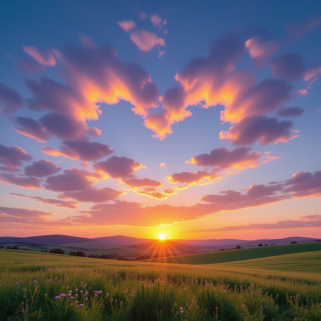 Heart Cloud Sunset Over Green Field Photograph