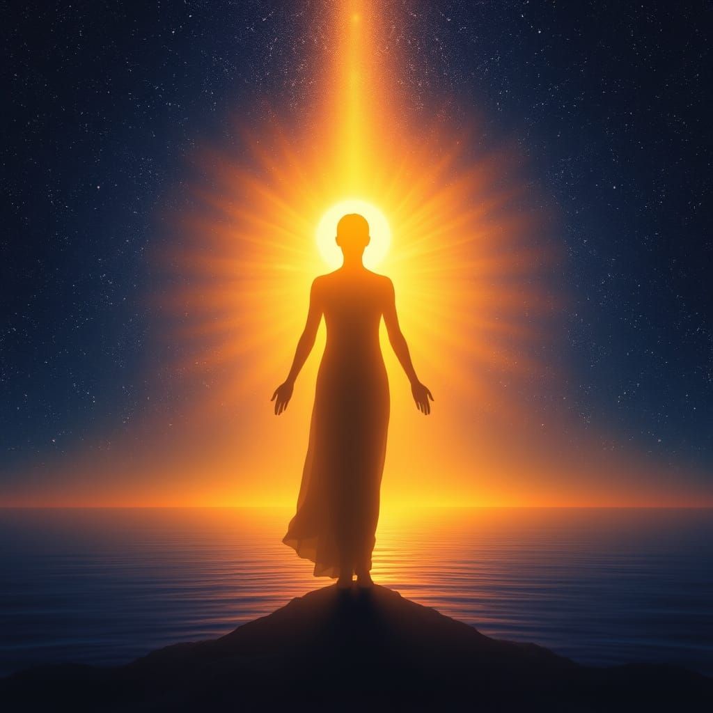 Radiant Figure as Sunrise Over Calm Ocean