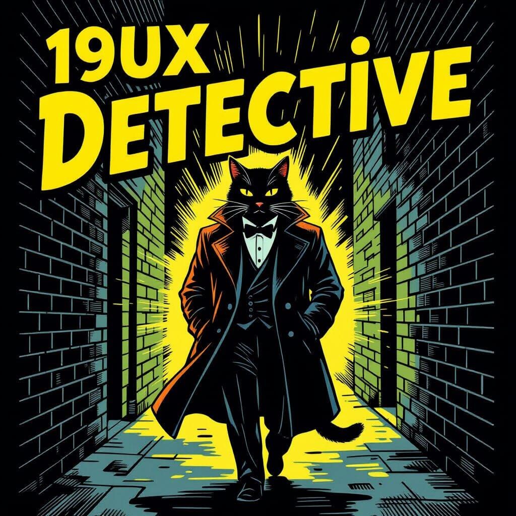 Tuxedo Cat Detective in Neon Alley: 1940s Comic Art