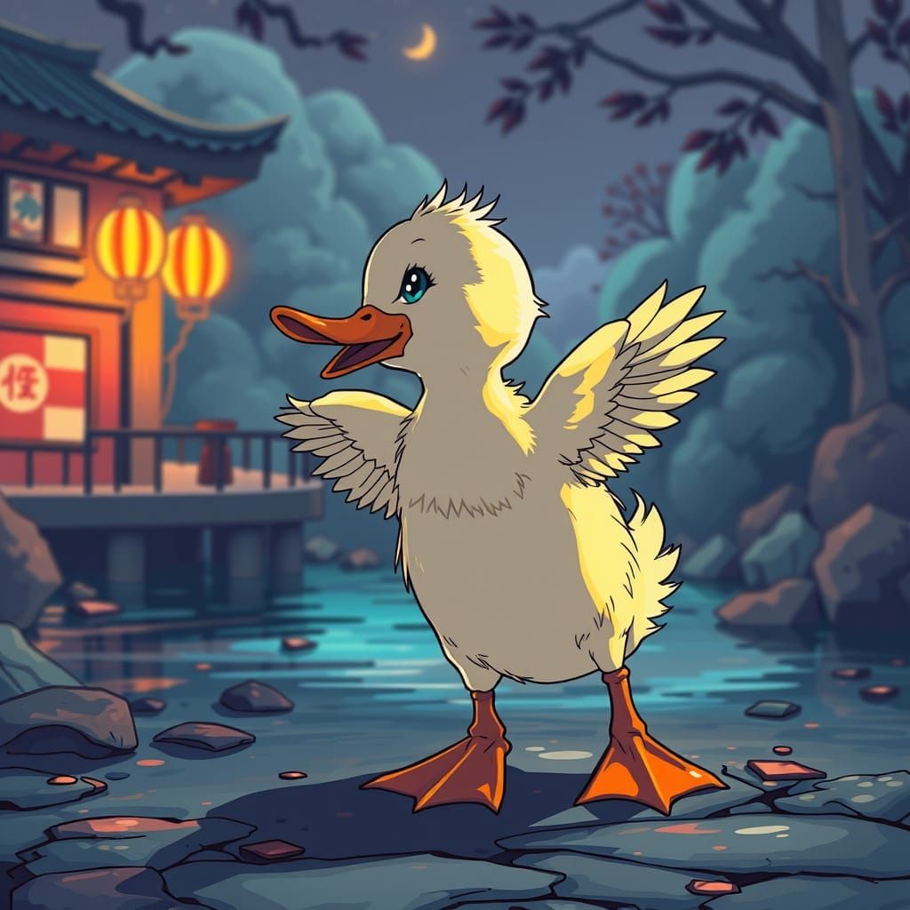 Anime Duckling Dances in Manga Landscape