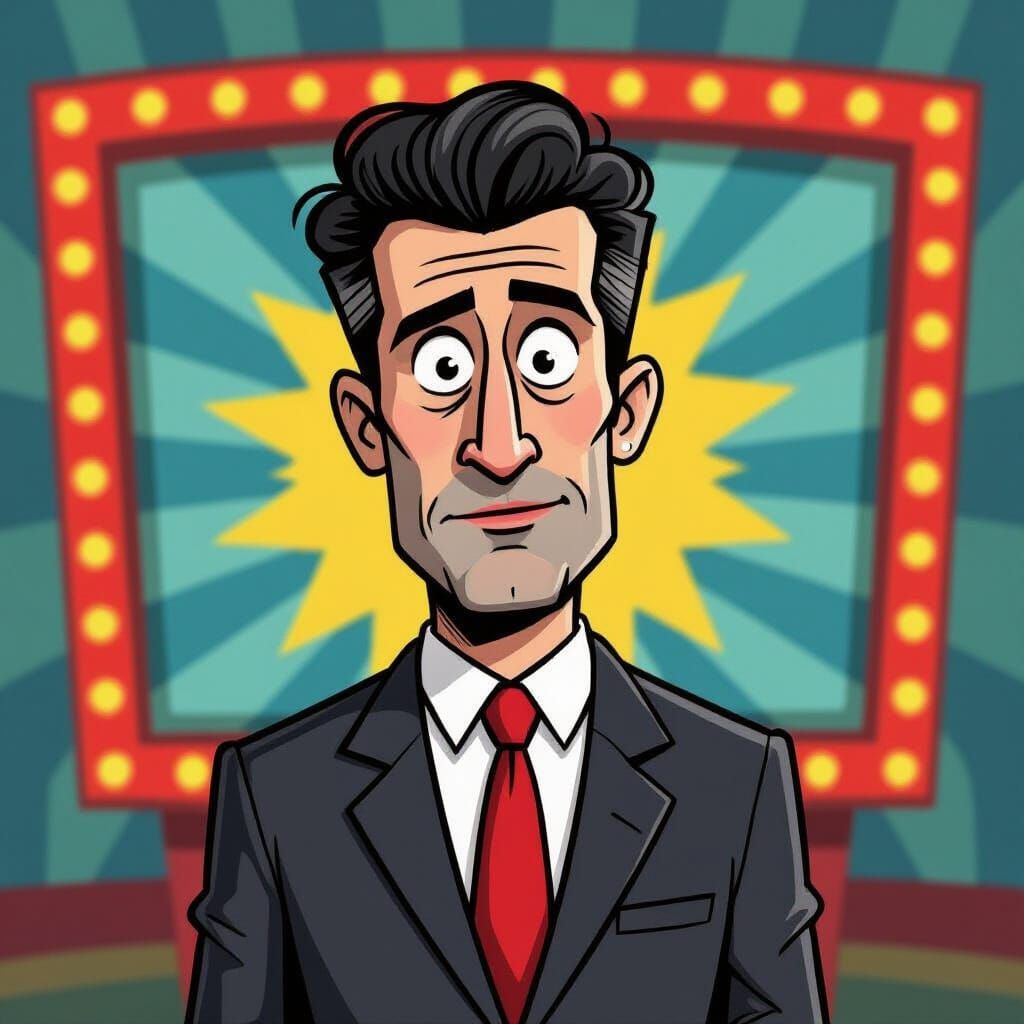 Cartoonish Caricature of Ben Shepherd in Game Show Setting