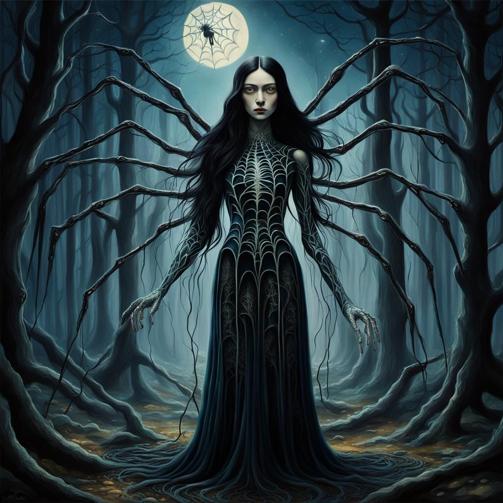 Surreal Spider-Human Hybrid in Moonlit Forest