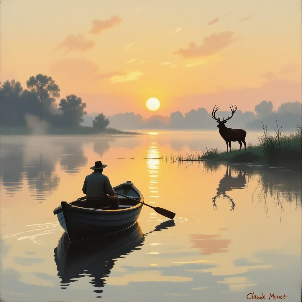 Lone Fisherman on Misty Lake at Dawn