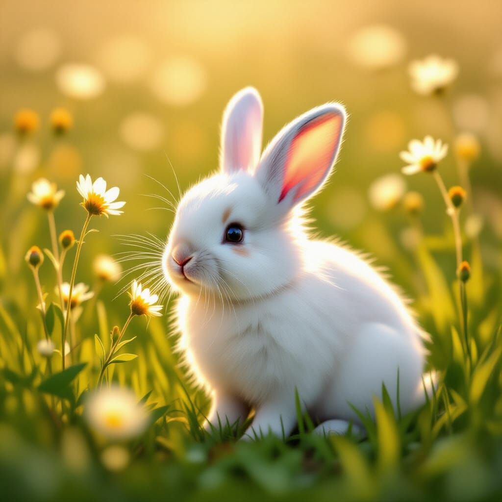 Fluffy Rabbit in Sun-Dappled Meadow, Impressionist Digital P...
