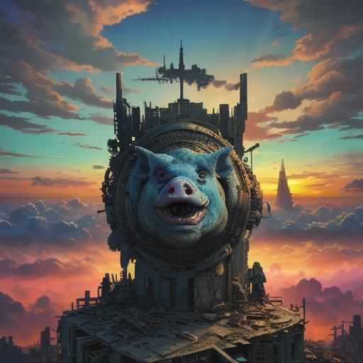 Blue Pig-Gargoyle in Post-Apocalyptic Landscape