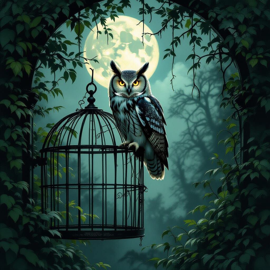 Ancient Owl in Moonlit Gothic Garden