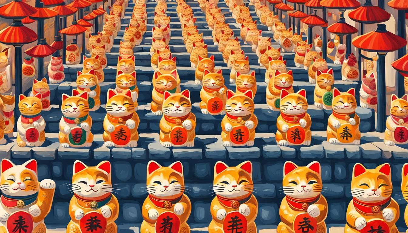 Maneki-neko Lucky Cats in Gouache Style