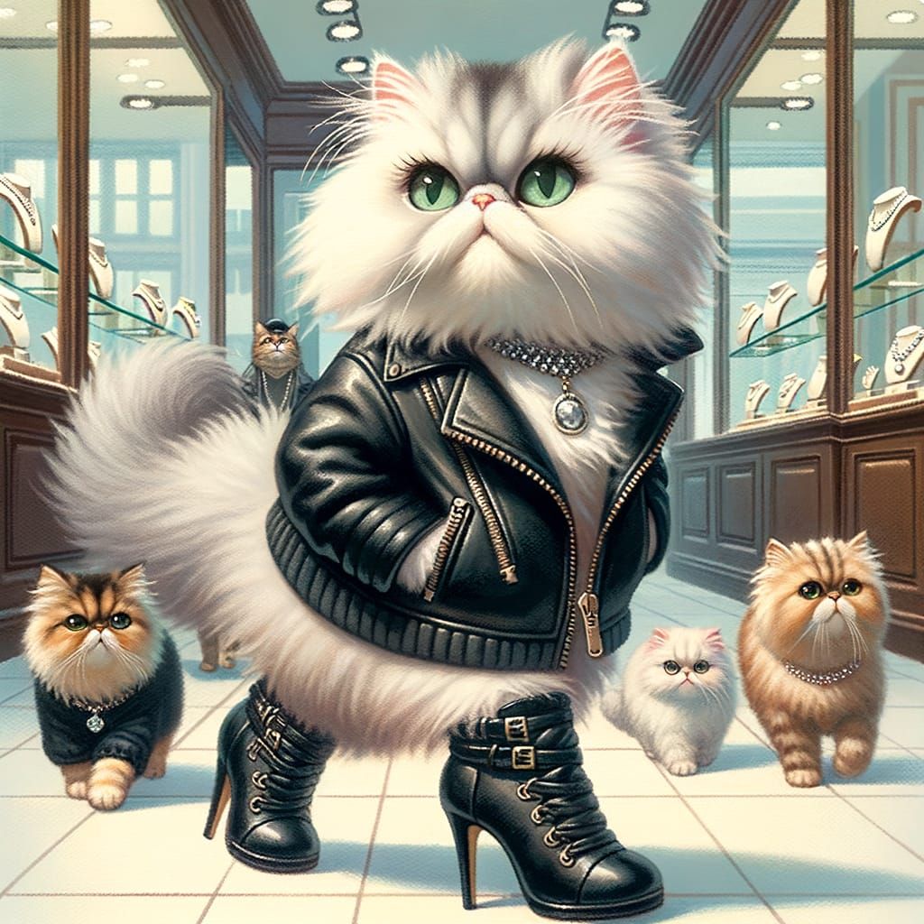 Persian Cat Struts Through Luxury Jewelry Store in Miniature...