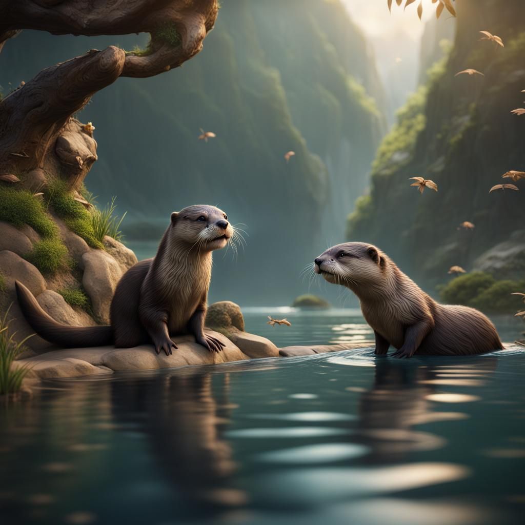 Otters Sliding into Water: Detailed Matte Painting