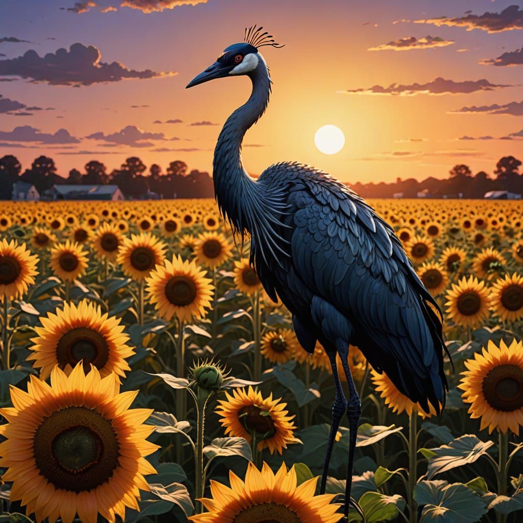 A majestic crane stands gracefully amidst a field of vibrant...