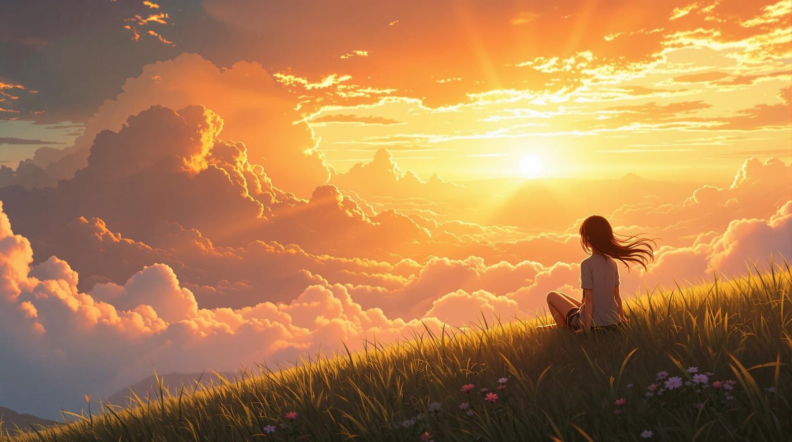 Peaceful Anime Girl at Sunset