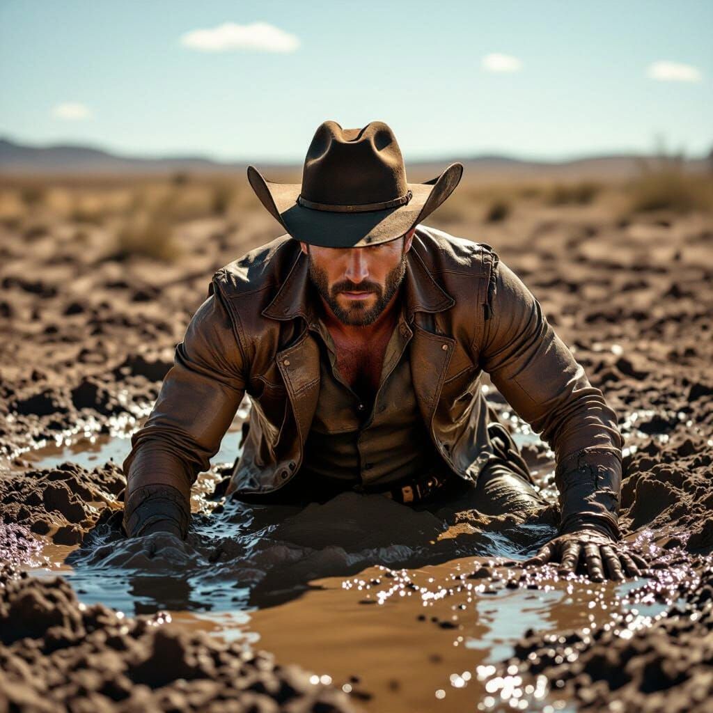 Cowboy Sinks in Mud Under Harsh Sun