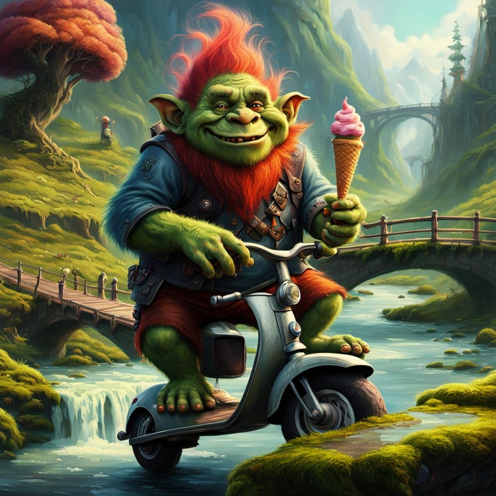 Troll on Scooter with Mossy Stone: Fantasy Art