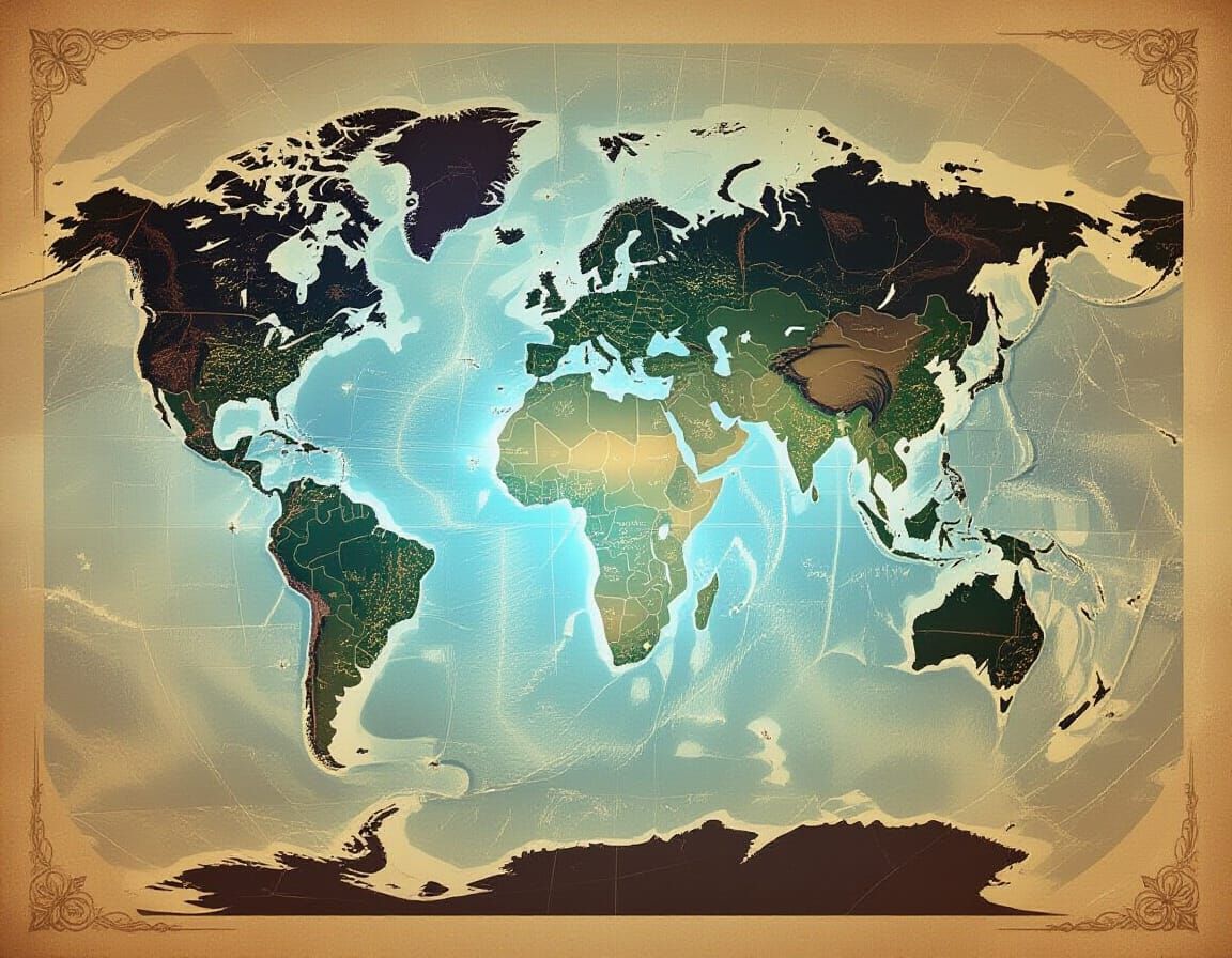 Vintage World Map With Futuristic Holographic City Projectio...