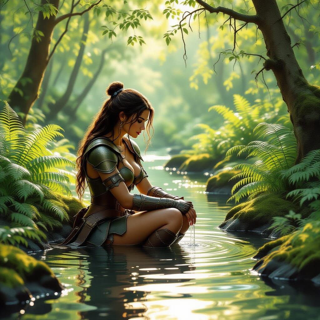 Hunter Bathes in Sun-Dappled Forest Pond