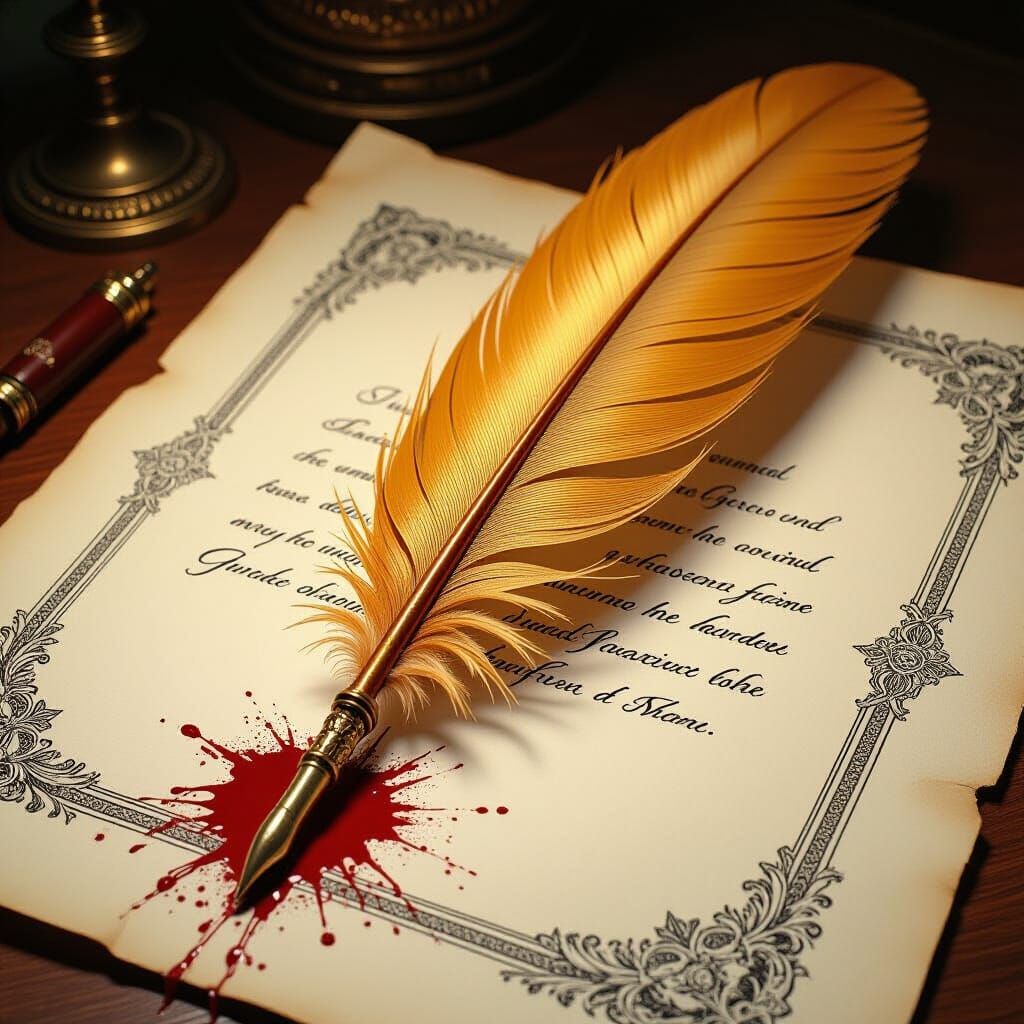 Golden Feather Quill with Blood on Engraved Paper