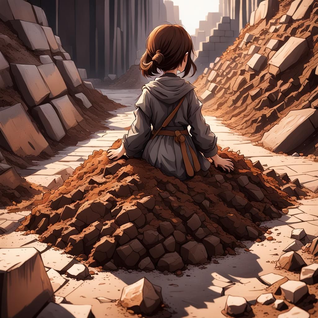 Girl Climbing Soil Mound: Detailed 3D Anime Art