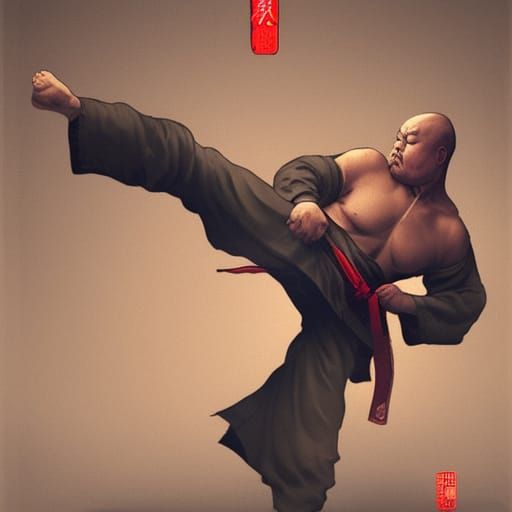Shaolin Monk Warrior High-Kick in Ukiyo-e Style