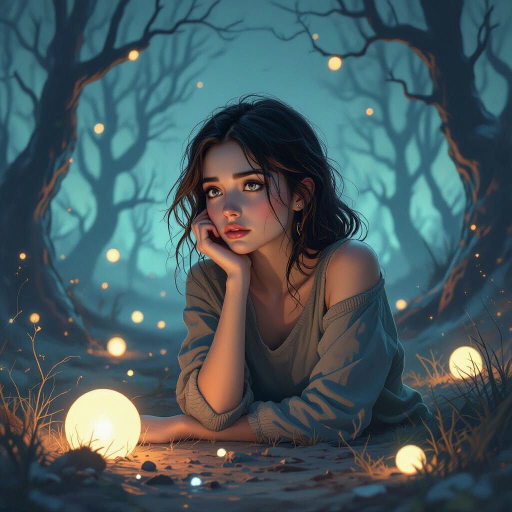 Melancholic Woman in Surreal Digital Landscape