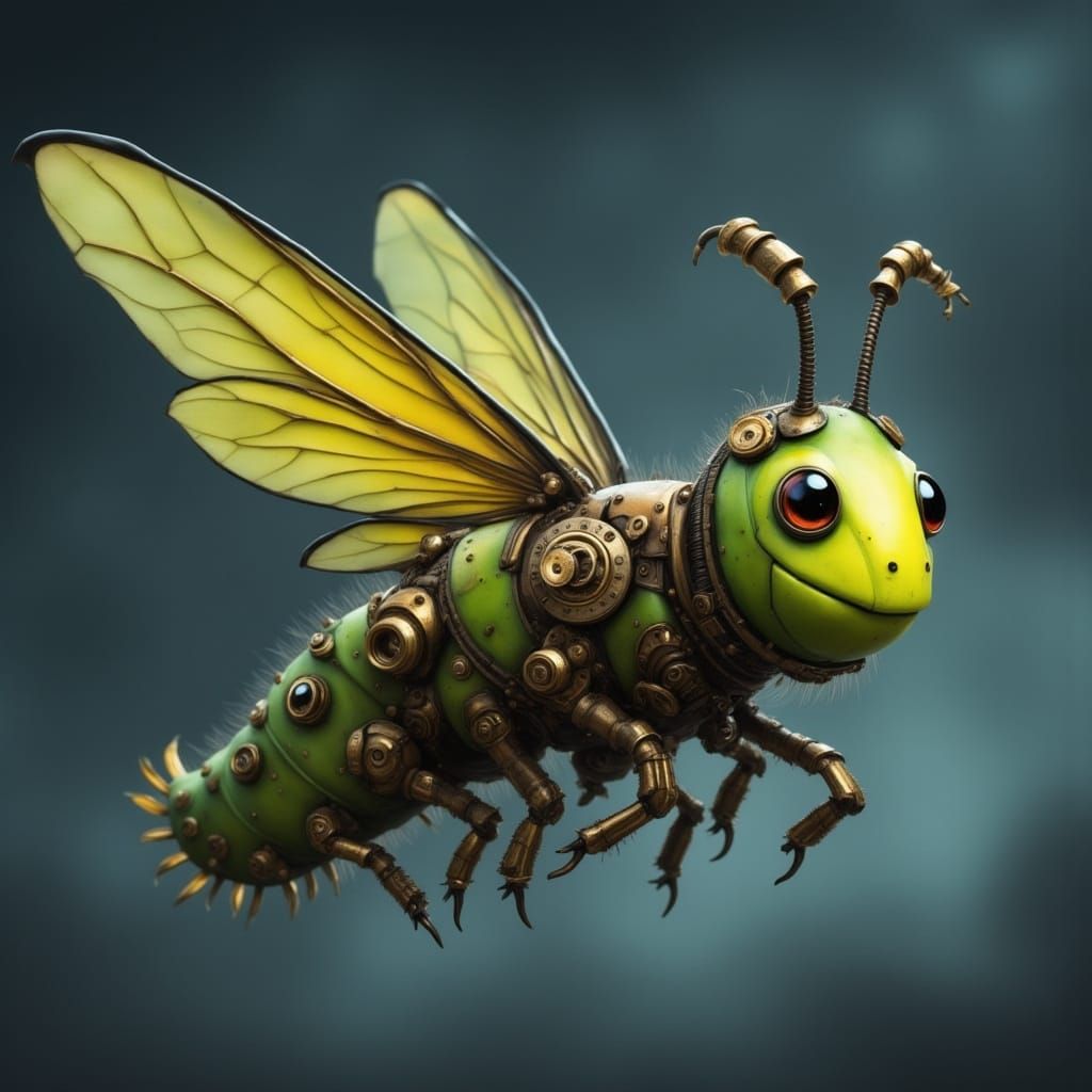 Steampunk Caterpillar Soaring Through Stormy Skies