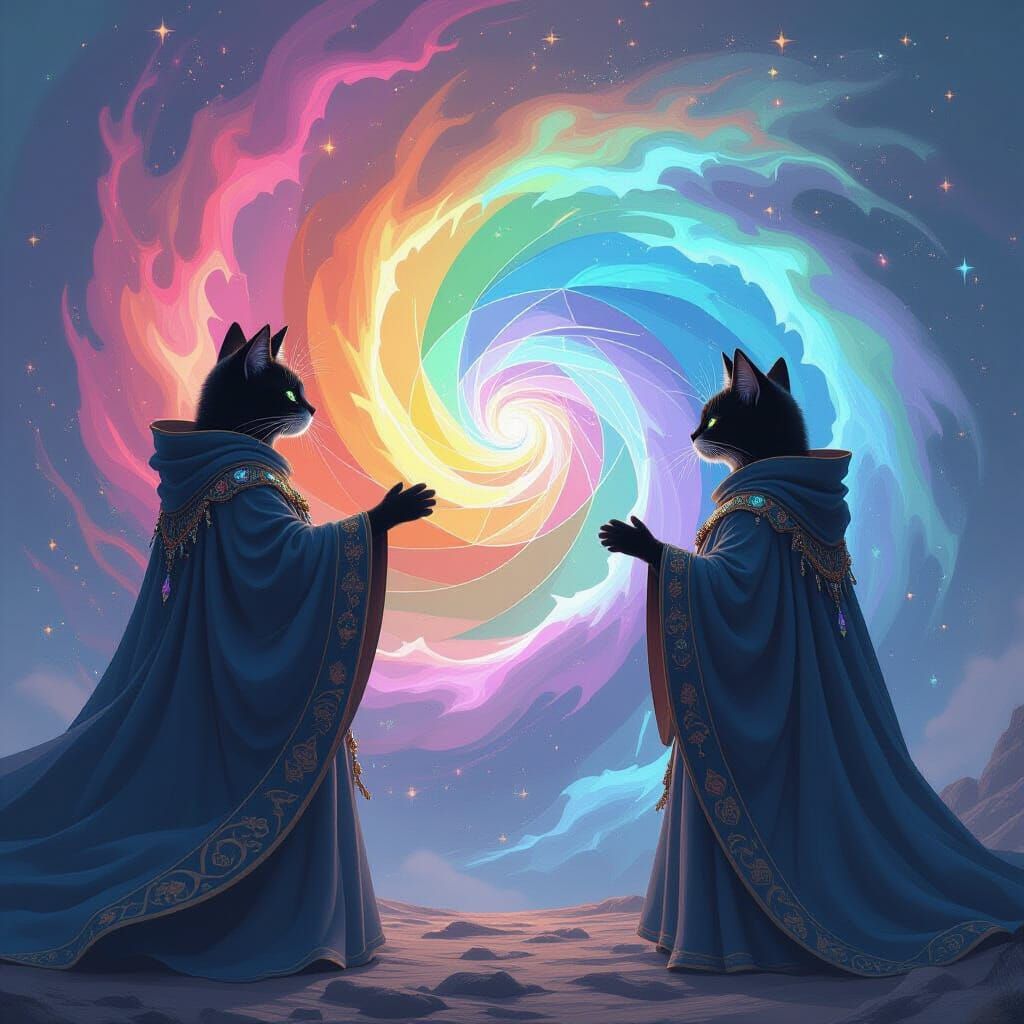 Mystical Giant Cats Awaken Iridescent Vortex