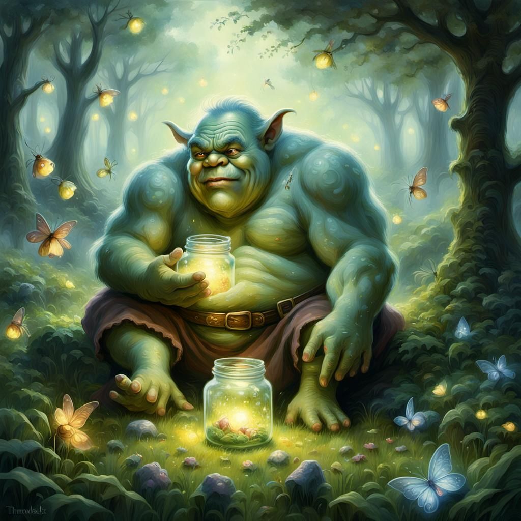 Sleepy Ogre and Fireflies: Ethereal Fantasy Scene