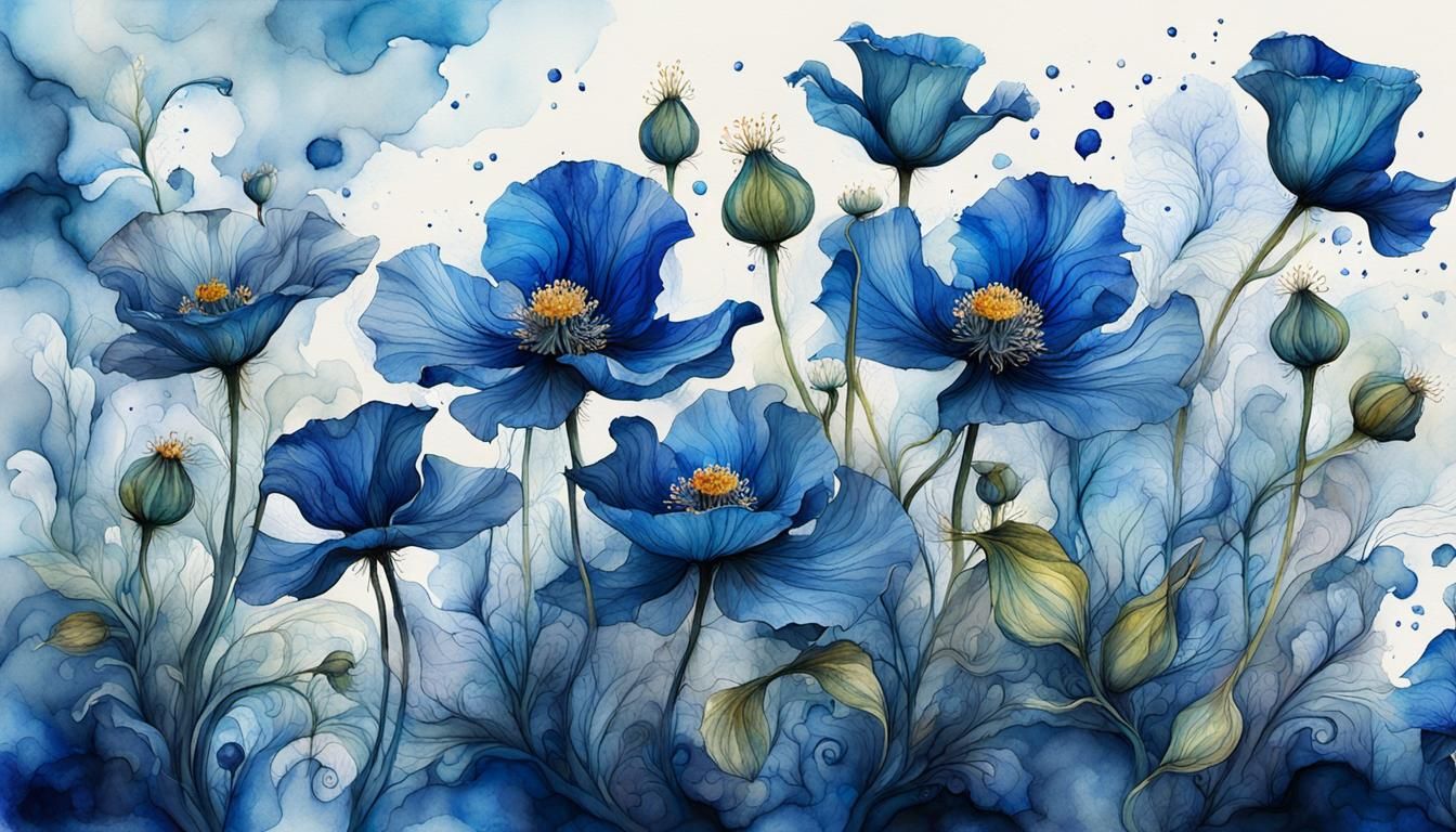 China Blue Poppies in Impressionist Style