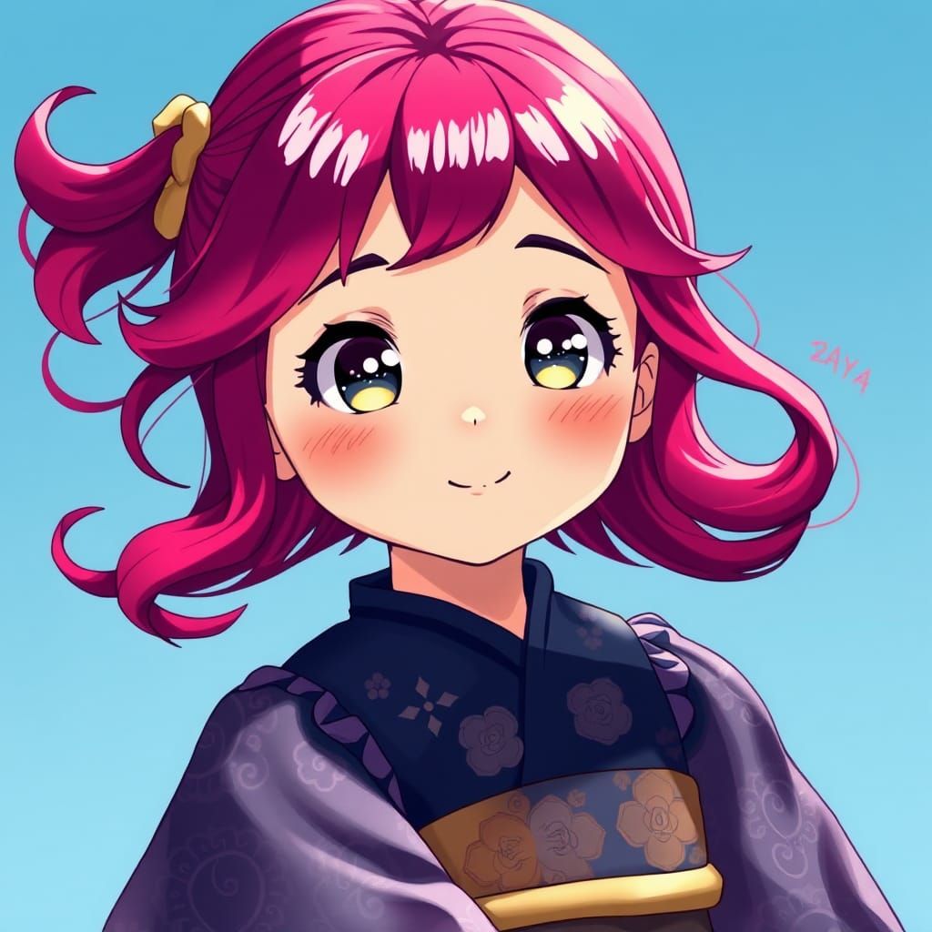 Magenta-Haired Girl in Indigo Dress: Anime Cel-Shaded Style