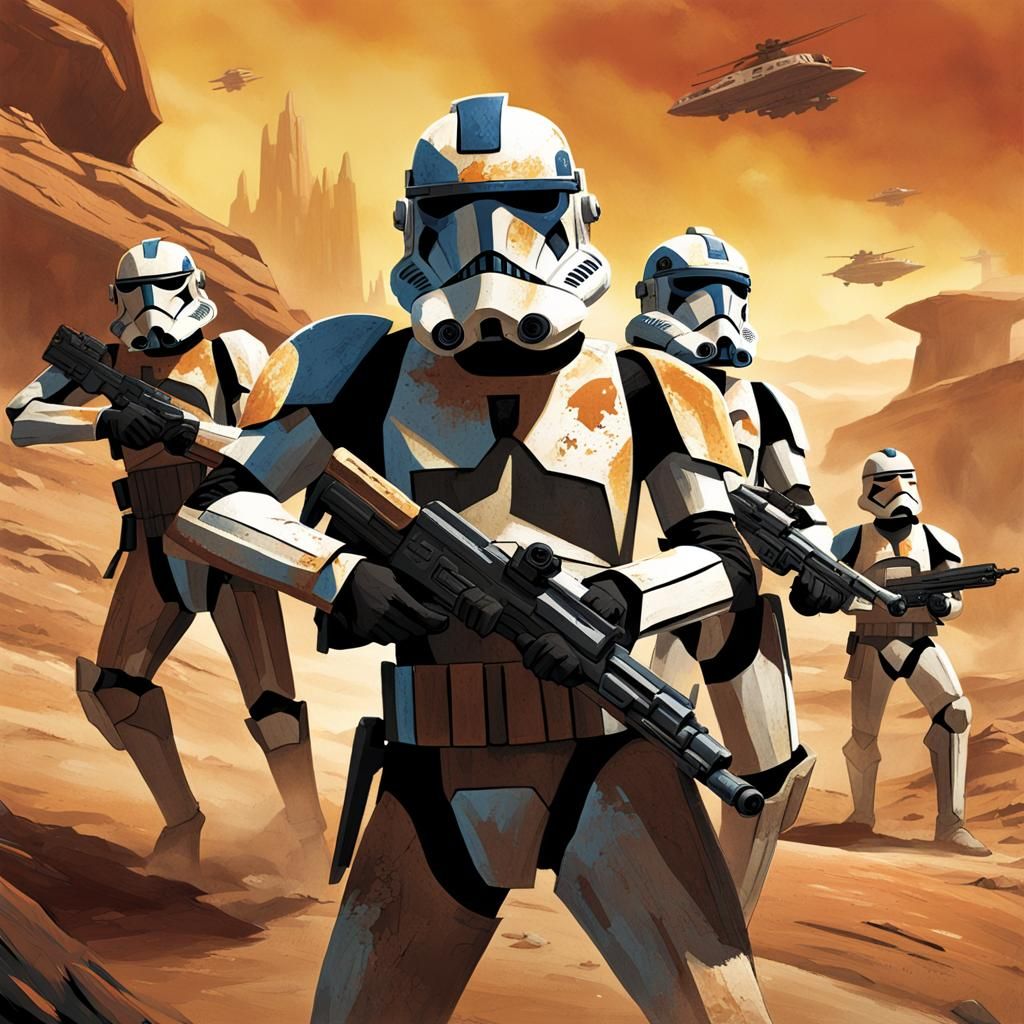 Clone Troopers in War-Torn Landscape Amidst Clone Wars