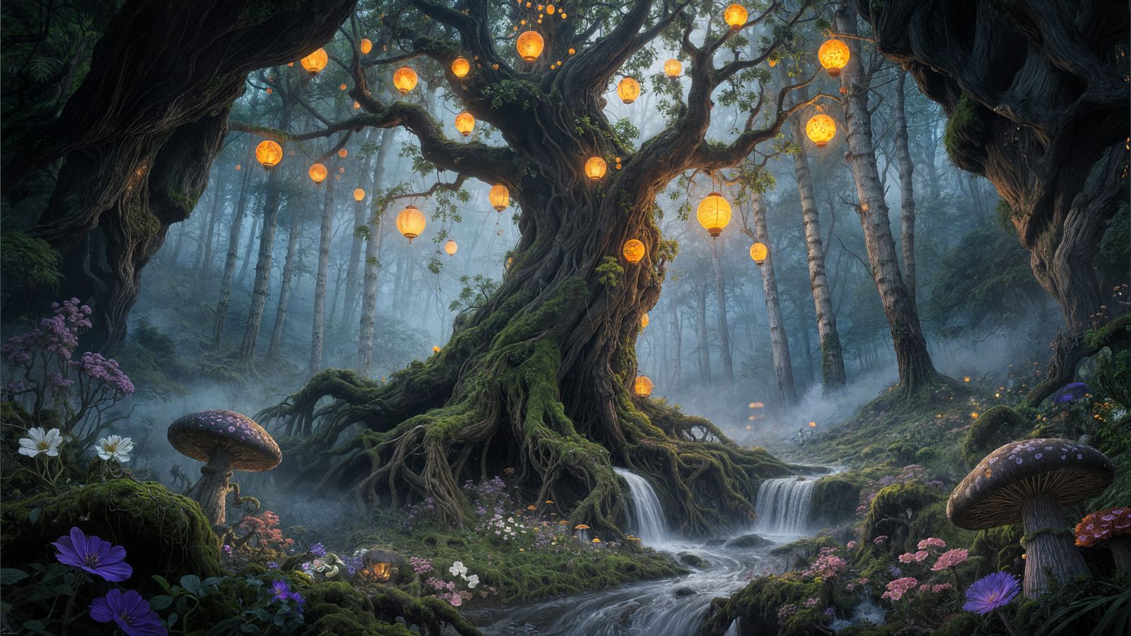 Ancient Mystical Tree with Glowing Orbs in Enchanted Forest