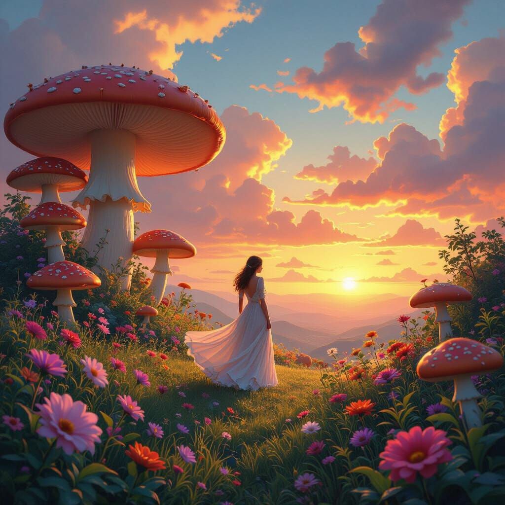 Mystical Mushroom World at Sunset, Ethereal Lighting
