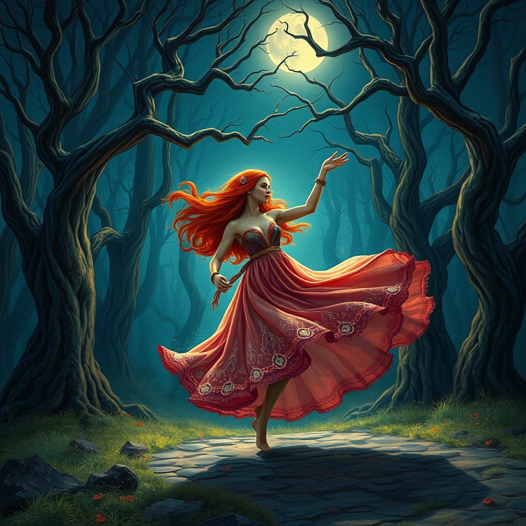 Romantic Gypsy Woman Dances Under Starry Night Sky in Whimsi...