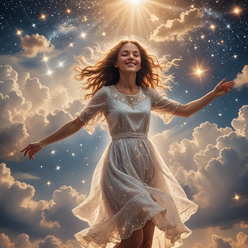Girl Dancing Among Stars in Divine Light