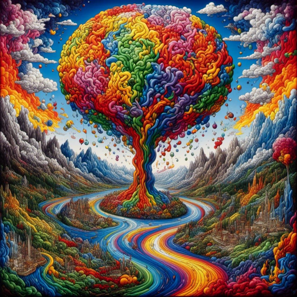 Surreal Landscape with Elastic Flora and Burning Tornado