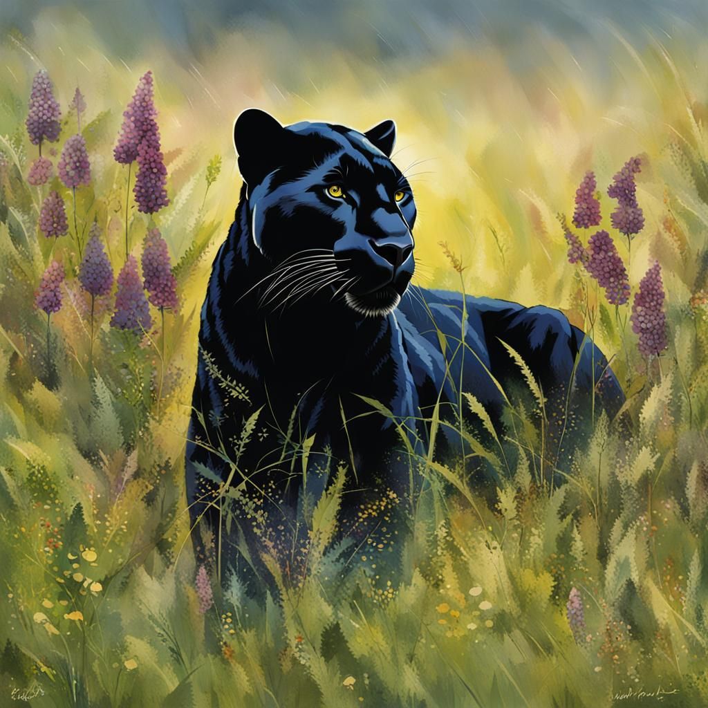 Black Panther Roaming in a Vibrant Meadow