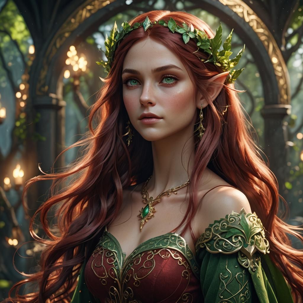 A beautiful elf princess, long dark red hair with blonde hig...