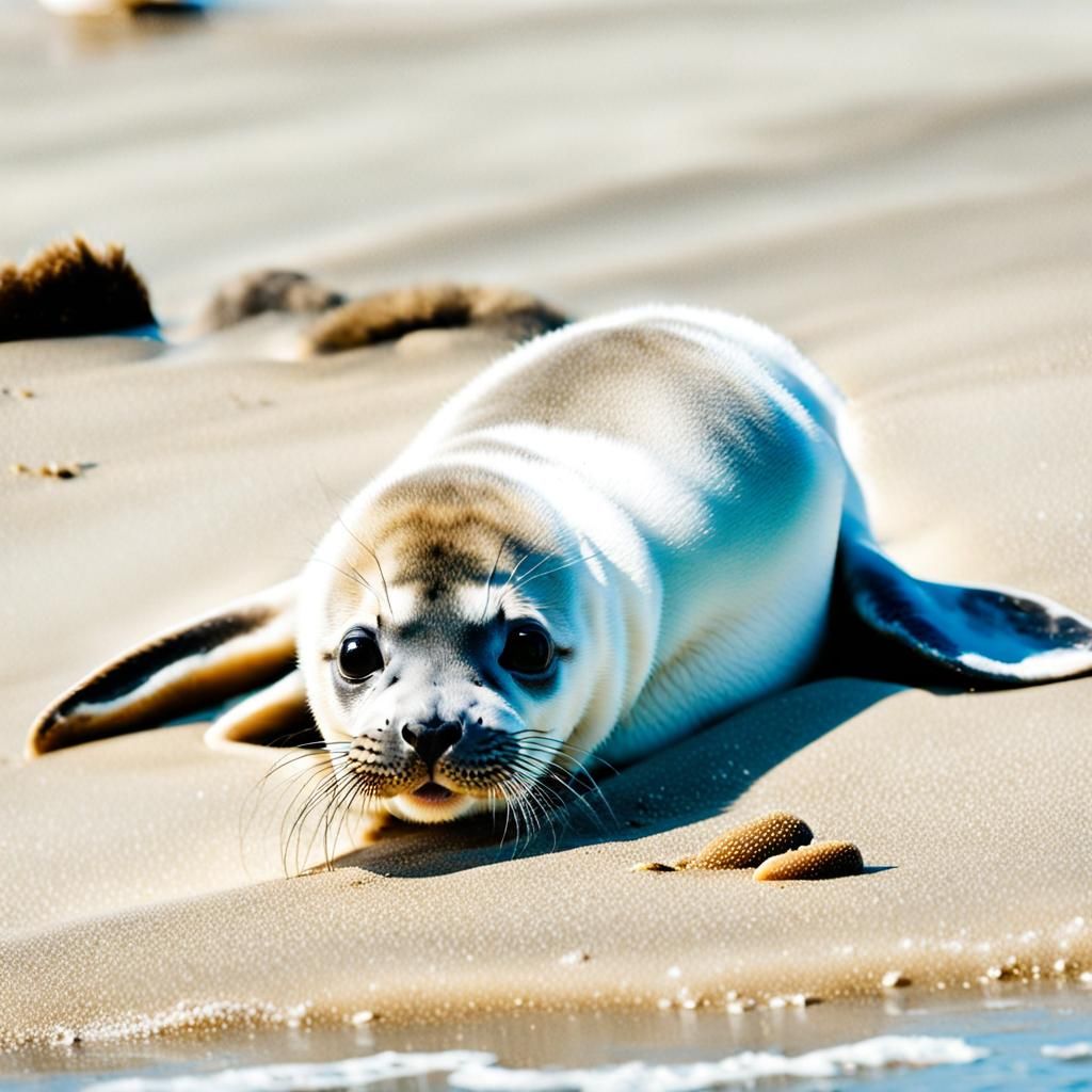 Baby seal playing on the beach.