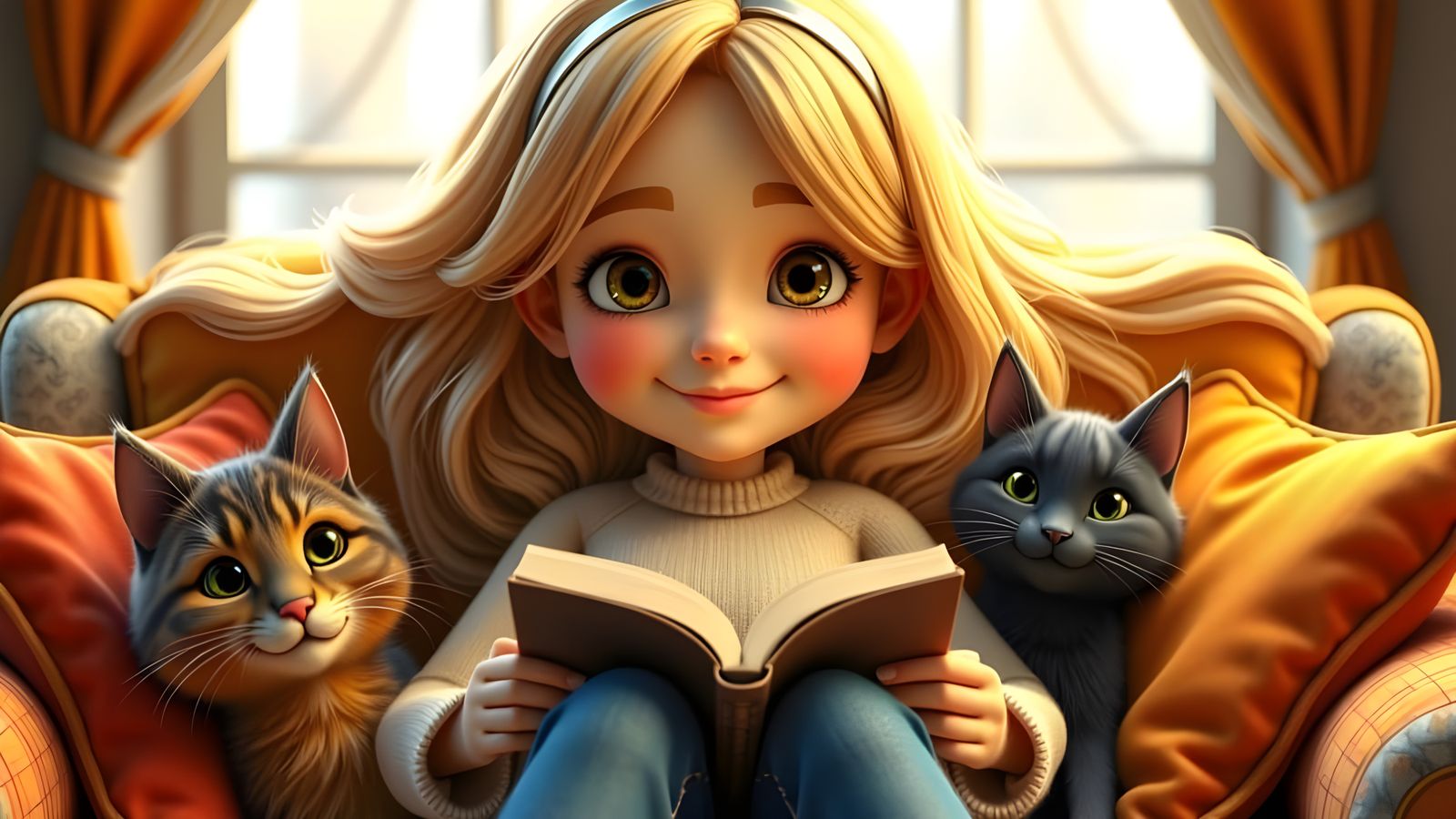 Blonde Woman Reading with Cats, 3D Pixar Style