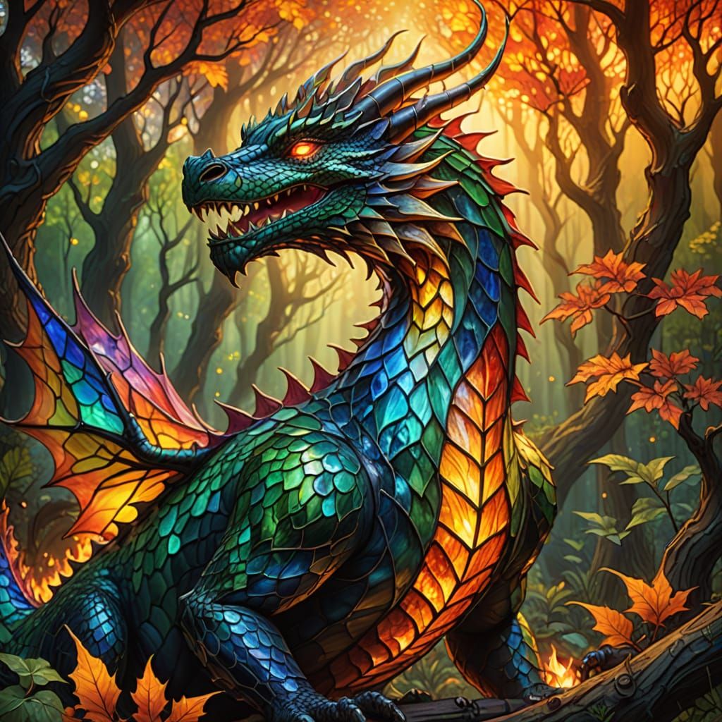 Stained Glass Dragon Breathing Fire in Forest
