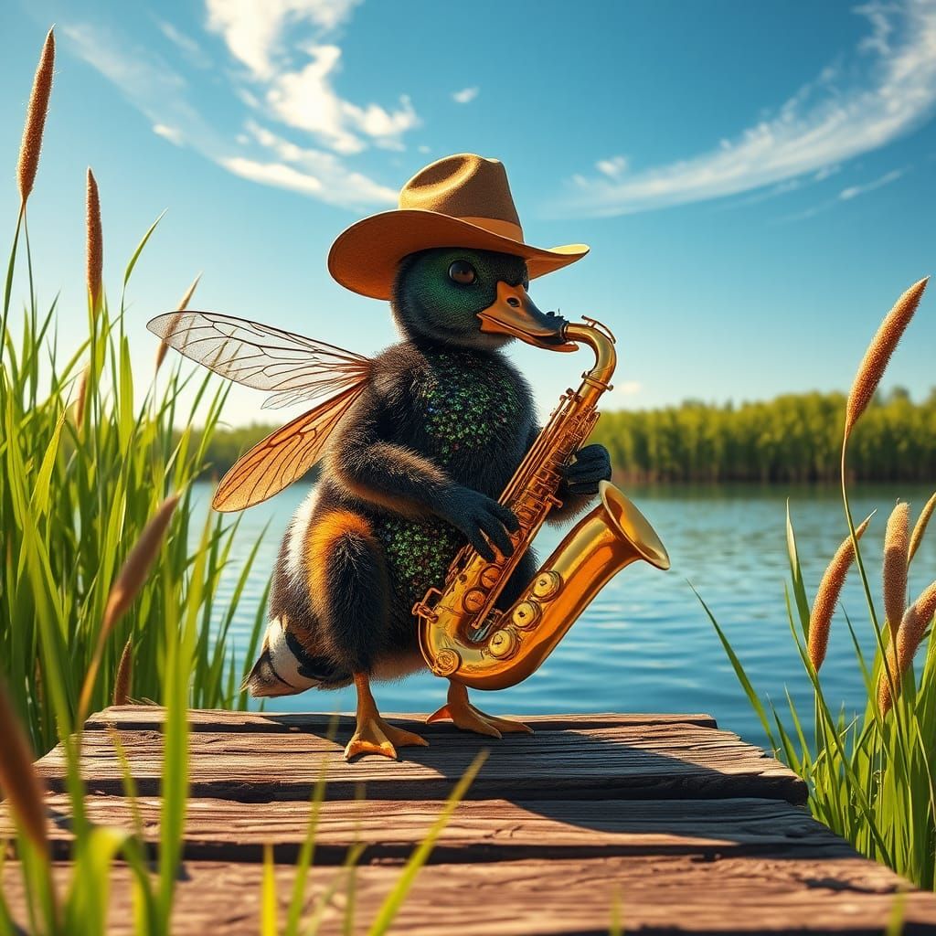 Mallard Bee Cowboy Saxophonist in Detailed Matte Painting