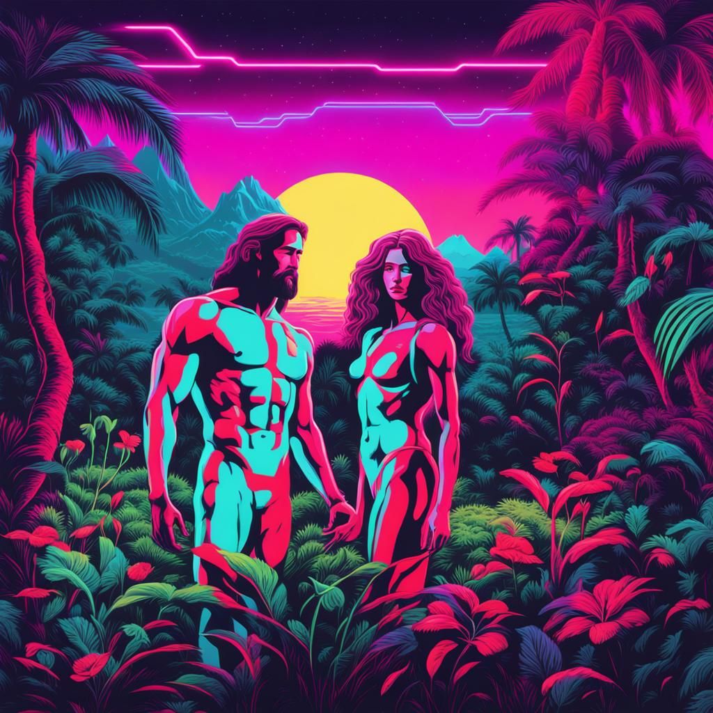 Adam and Eve in Neon Synthwave Garden