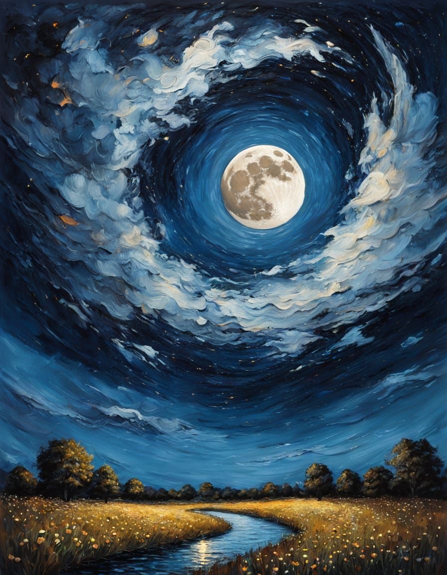 Moon's Night Journey as Impasto Painting
