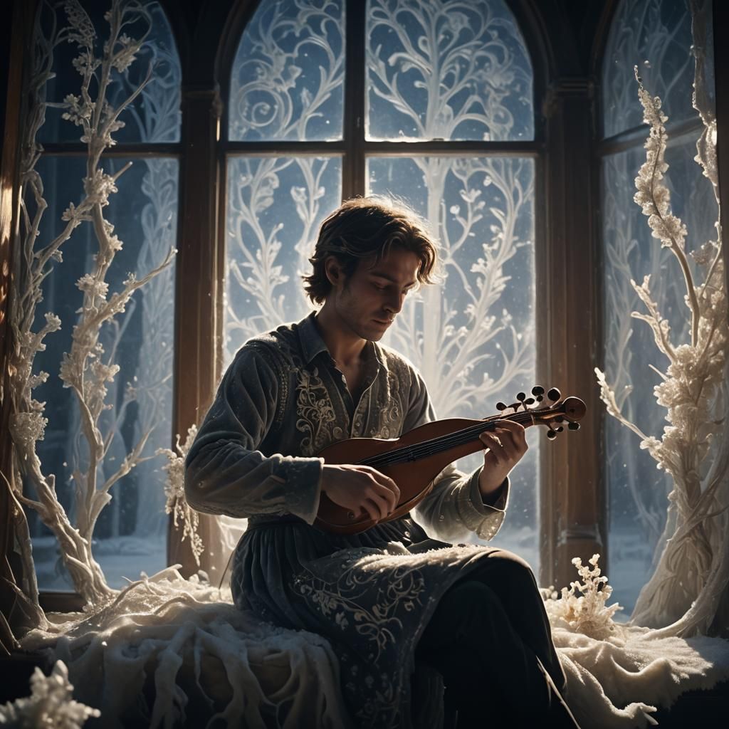 Ethereal Musician in Frost-Lit Room: Cinematic Still