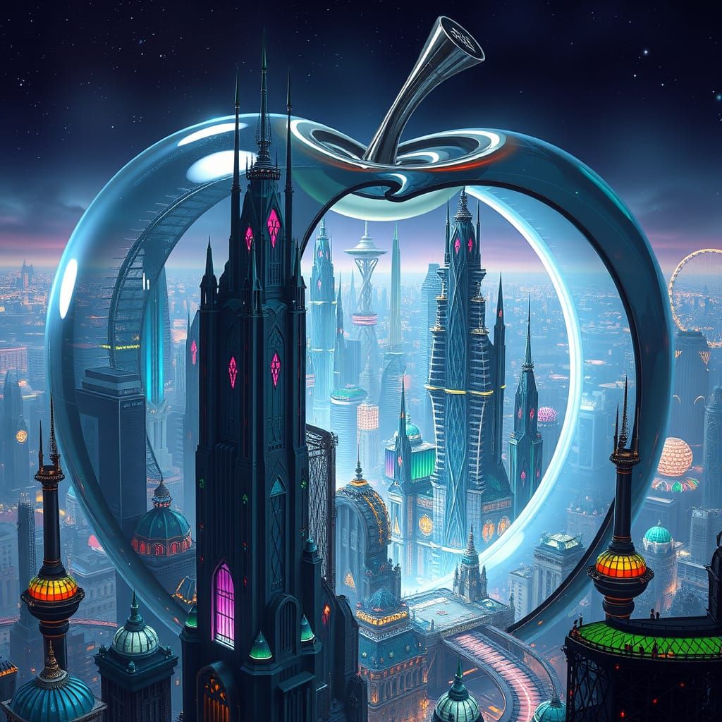 Surreal Futuristic Metropolis Inside Glass Apple