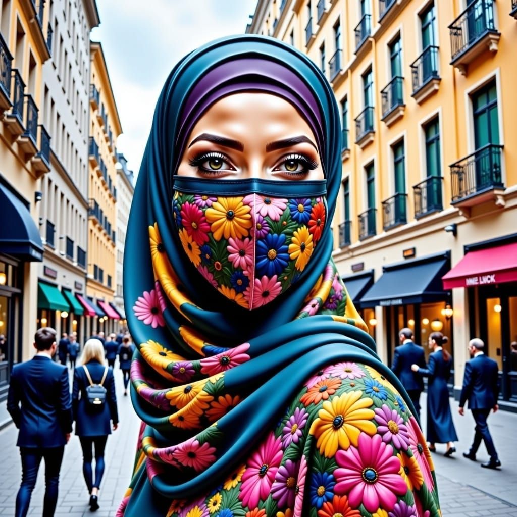 European Woman in Hijab and Mask, Oil-Gouache Portrait